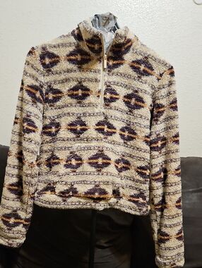 AERO Beige Patterned Sherpa Half-Zip Sweater
